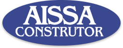 Logo em formato de elipse, na cor azul e escrito em branco o nome da empresa Aissa Construtor